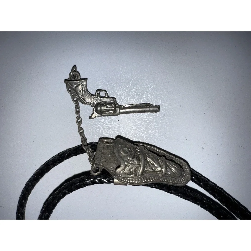Vintage Mens Western Bolo Tie Slide with Gun in Holster Metal Gunslinger Necktie